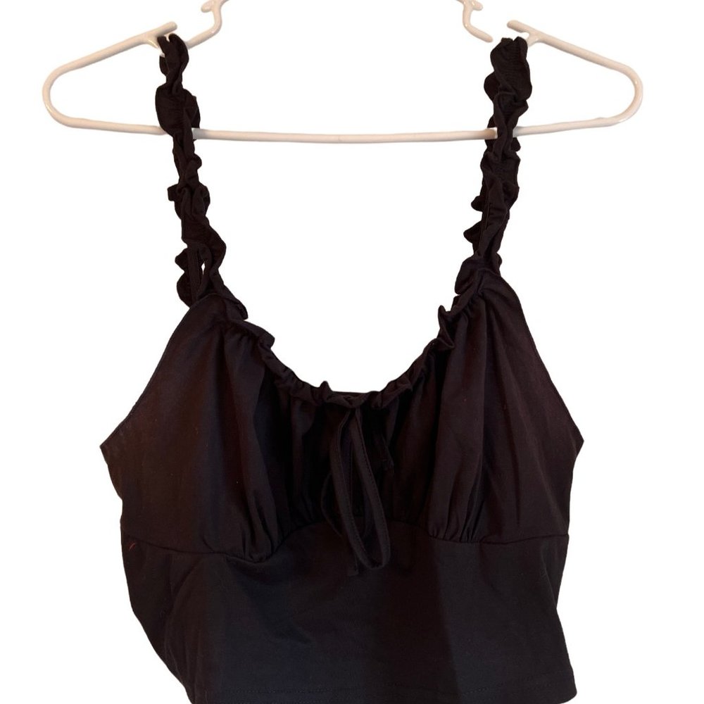 Black Ruffled 1x Strappy Crop Top With Adjustable Tie Front